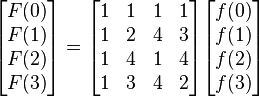 
\begin{bmatrix}
F(0) \\
F(1) \\
F(2) \\
F(3) \end{bmatrix}
=
 \begin{bmatrix}
1 & 1 & 1 & 1 \\
1 & 2 & 4 & 3 \\
1 & 4 & 1 & 4 \\
1 & 3 & 4 & 2 \end{bmatrix}
\begin{bmatrix}
f(0) \\
f(1) \\
f(2) \\
f(3) \end{bmatrix}
