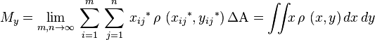 M_y = \lim_{m,n \to \infty}\,\sum_{i=1}^{m}\,\sum_{j=1}^{n}\,x{_{ij}}^{*}\,\rho\ (x{_{ij}}^{*},y{_{ij}}^{*})\,\Delta\Alpha = \iint_{}{} x\, \rho\ (x,y)\,dx\,dy