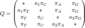 Q= \begin{pmatrix} {*} & {\kappa_1\pi_C} & {\pi_A} & {\pi_G} \\ {\kappa_1\pi_T} & {*} & {\pi_A} & {\pi_G} \\ {\pi_T} & {\pi_C} & {*} & {\kappa_2\pi_G} \\ {\pi_T} & {\pi_C} & {\kappa_2\pi_A} & {*}  \end{pmatrix}