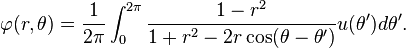 \varphi(r,\theta) = \frac{1}{2\pi} \int_0^{2\pi} \frac{1-r^2}{1 +r^2 -2r\cos (\theta -\theta')} u(\theta')d\theta'.\,