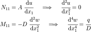 
   \begin{align}
   N_{11} & = A~\cfrac{\mathrm{d}u}{\mathrm{d} x_1} \quad \implies \quad
     \cfrac{\mathrm{d}^2 u}{\mathrm{d} x_1^2} = 0\\
   M_{11} & = -D~\cfrac{\mathrm{d}^2 w}{\mathrm{d} x_1^2} \quad \implies \quad \cfrac{\mathrm{d}^4 w}{\mathrm{d} x_1^4} = \cfrac{q}{D} \\
   \end{align}
 