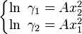 
\left\{\begin{matrix} \ln\ \gamma_1=Ax^2_2
\\ \ln\ \gamma_2=Ax^2_1
\end{matrix}\right.