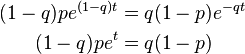 \begin{align}
(1-q)pe^{(1-q)t} &= q(1-p)e^{-qt} \\
(1-q)pe^{t} &= q(1-p)
\end{align}