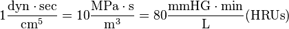 1 \frac{\text{dyn} \cdot \text{sec}}{\text{cm}^5} = 10 \frac{\text{MPa} \cdot \text{s}}{\text{m}^3} = 80 \frac{\text{mmHG} \cdot \text{min}}{\text{ L }} (\text{HRUs})