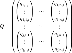 Q = \begin{pmatrix} \begin{pmatrix} 
q_{1,1,1} \\ \vdots \\ q_{1,1,i} 
\end{pmatrix} & \cdots & \begin{pmatrix}
q_{1,n,1} \\ \vdots \\ q_{1,n,i} 
\end{pmatrix} \\ \vdots & \ddots & \vdots \\ \begin{pmatrix} 
q_{j,1,1} \\ \vdots \\ q_{j,1,i} 
\end{pmatrix} & \cdots & \begin{pmatrix}
q_{j,n,1} \\ \vdots \\ q_{j,n,i} 
\end{pmatrix} \end{pmatrix}
