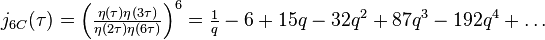 \begin{align}j_{6C}(\tau) &= \Big(\tfrac{\eta(\tau)\eta(3\tau)}{\eta(2\tau)\eta(6\tau)}\Big)^{6}=\tfrac{1}{q} -6 + 15q -32q^2 + 87q^3-192q^4+\dots
\end{align}