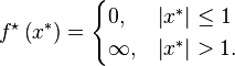 
f^\star\left(x^{*} \right)
= \begin{cases} 0,      & \left|x^{*} \right| \le 1
             \\ \infty, & \left|x^{*} \right|  >  1.
  \end{cases}
