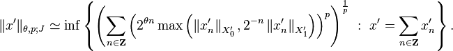  \|x'\|_{\theta, p; J} \simeq \inf \left\{ \left( \sum_{n \in \mathbf{Z}} \left( 2^{\theta n} \max \left (\left \|x'_n \right \|_{X'_0}, 2^{-n} \left \|x'_n \right\|_{X'_1} \right ) \right)^p \right)^{\frac{1}{p}} \ : \ x' = \sum_{n \in \mathbf{Z}} x'_n \right\}.