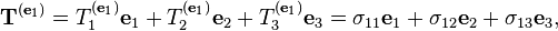 \mathbf{T}^{(\mathbf{e}_1)}= T_1^{(\mathbf{e}_1)}\mathbf{e}_1 + T_2^{(\mathbf{e}_1)} \mathbf{e}_2 + T_3^{(\mathbf{e}_1)} \mathbf{e}_3 = \sigma_{11} \mathbf{e}_1 + \sigma_{12} \mathbf{e}_2 + \sigma_{13} \mathbf{e}_3,