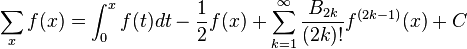 \sum _x f(x)= \int_0^x f(t) dt - \frac12 f(x)+\sum_{k=1}^{\infty}\frac{B_{2k}}{(2k)!}f^{(2k-1)}(x) + C