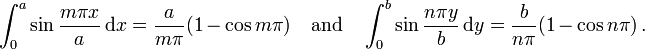 
   \int_0^a \sin\frac{m\pi x}{a}\,\text{d}x = \frac{a}{m\pi}(1 - \cos m\pi) \quad\text{and}\quad
   \int_0^b \sin\frac{n\pi y}{b}\,\text{d}y = \frac{b}{n\pi}(1 - \cos n\pi)\,.
