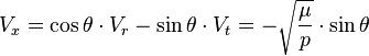 V_x = \cos \theta \cdot V_r - \sin \theta \cdot V_t = -\sqrt{\frac {\mu}{p}} \cdot \sin \theta