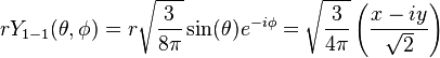  r Y_{1-1}(\theta,\phi)= r \sqrt{\frac{3}{8\pi}}\sin(\theta) e^{-i\phi}=\sqrt{\frac{3}{4\pi}}\left(\frac{x-iy}{\sqrt{2}}\right)