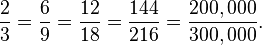 \frac{2}{3}=\frac{6}{9}=\frac{12}{18}=\frac{144}{216}=\frac{200,000}{300,000}.