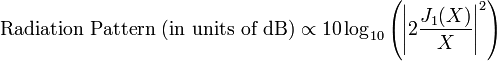
\displaystyle\mbox{Radiation Pattern (in units of dB)} \propto 10\log_{10}\left(\left|2\frac{J_1(X)}{X}\right|^2\right)
