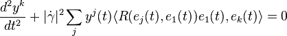 \frac{d^2y^k}{dt^2}+|\dot\gamma|^2\sum_j y^j(t)\langle R(e_j(t),e_1(t))e_1(t),e_k(t)\rangle=0