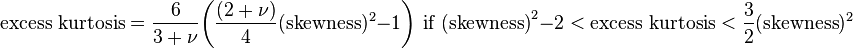 \text{excess kurtosis} =\frac{6}{3 + \nu}\bigg(\frac{(2 + \nu)}{4} (\text{skewness})^2 - 1\bigg)\text{ if (skewness)}^2-2< \text{excess kurtosis}< \frac{3}{2} (\text{skewness})^2