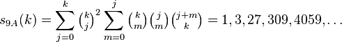 s_{9A}(k)=\sum_{j=0}^k\tbinom{k}{j}^2\sum_{m=0}^j\tbinom{k}{m}\tbinom{j}{m}\tbinom{j+m}{k} =1, 3, 27, 309, 4059,\dots