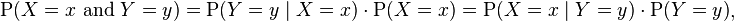 
\begin{align}

\mathrm{P}(X=x\ \mathrm{and}\ Y=y) = \mathrm{P}(Y=y \mid X=x) \cdot \mathrm{P}(X=x) = \mathrm{P}(X=x \mid Y=y) \cdot \mathrm{P}(Y=y)
\end{align},
