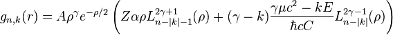 g_{n,k}(r)=A\rho^\gamma e^{-\rho/2}\left(Z\alpha\rho L_{n-|k|-1}^{2\gamma+1}(\rho)+(\gamma-k)\frac{\gamma\mu c^2-kE}{\hbar cC}L_{n-|k|}^{2\gamma-1}(\rho)\right)