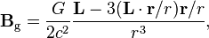 \mathbf{B}_\text{g} = \frac{G }{2 c^2} \frac{\mathbf{L} - 3(\mathbf{L} \cdot \mathbf{r}/r) \mathbf{r}/r}{r^3},