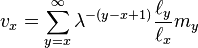  v_x = \sum_{y=x}^{\infty} \lambda^{-(y-x+1)} \frac{\ell_{y}}{\ell_{x}} m_{y}