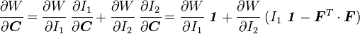 
   \cfrac{\partial W}{\partial \boldsymbol{C}} = 
     \cfrac{\partial W}{\partial I_1}~\cfrac{\partial I_1}{\partial \boldsymbol{C}} +
     \cfrac{\partial W}{\partial I_2}~\cfrac{\partial I_2}{\partial \boldsymbol{C}}
    = \cfrac{\partial W}{\partial I_1}~\boldsymbol{\mathit{1}} +
     \cfrac{\partial W}{\partial I_2}~(I_1~\boldsymbol{\mathit{1}} - \boldsymbol{F}^T\cdot\boldsymbol{F})
 