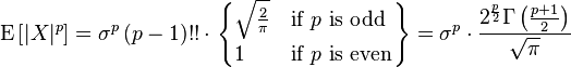 

    \operatorname{E}\left[|X|^p\right] =
      \sigma^p\,(p-1)!! \cdot \left.\begin{cases}
        \sqrt{\frac{2}{\pi}} & \text{if }p\text{ is odd} \\
        1 & \text{if }p\text{ is even}
      \end{cases}\right\}
    = \sigma^p \cdot \frac{2^{\frac{p}{2}}\Gamma\left(\frac{p+1}{2}\right)}{\sqrt{\pi}}
  