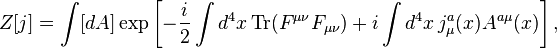 Z[j]=\int [dA]\exp\left[- \frac{i}{2} \int d^4x\operatorname{Tr}(F^{\mu \nu} F_{\mu \nu})+i\int d^4x \, j^a_\mu(x)A^{a\mu}(x)\right] ,