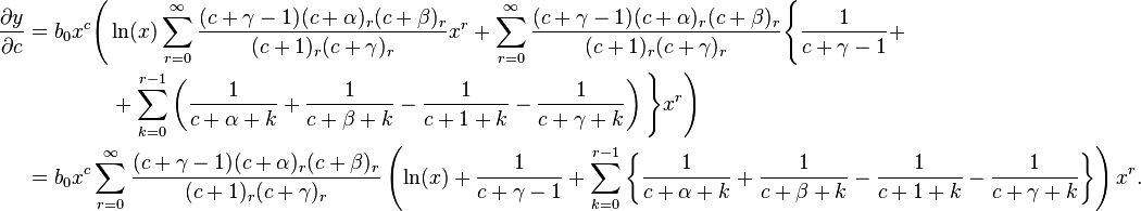 \begin{align}
 \frac{\partial y}{\partial c} &= b_0 x^c \Bigg ( \ln(x) \sum_{r = 0}^\infty \frac{(c + \gamma - 1) (c + \alpha)_r (c + \beta)_r}{(c + 1)_r (c + \gamma)_r} x^r + \sum_{r = 0}^\infty \frac{(c + \gamma - 1) (c + \alpha)_r (c + \beta)_r}{(c + 1)_r (c + \gamma)_r}\Bigg \{ \frac{1}{c + \gamma - 1} + \\
&\qquad \qquad+ \sum_{k = 0}^{r - 1} \left(\frac{1}{c + \alpha + k} + \frac{1}{c + \beta + k} - \frac{1}{c + 1 + k} - \frac{1}{c + \gamma + k} \right) \Bigg \} x^r \Bigg )  \\
&= b_0 x^c \sum_{r = 0}^\infty \frac{(c + \gamma - 1) (c + \alpha)_r (c + \beta)_r}{(c + 1)_r (c + \gamma)_r}\left(\ln(x) + \frac{1}{c + \gamma - 1} + \sum_{k = 0}^{r - 1} \left \{ \frac{1}{c + \alpha + k} + \frac{1}{c +\beta + k} - \frac{1}{c + 1 + k} - \frac{1}{c + \gamma + k} \right \} \right) x^r.
\end{align}