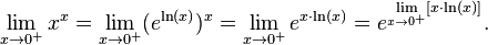 
\lim_{x\to 0^+}x^x
= \lim_{x\to 0^+}(e^{\ln(x)})^x
= \lim_{x\to 0^+}e^{x\cdot\ln(x)}
= e^{\lim\limits_{x\to 0^+}[x\cdot\ln(x)]}.
