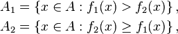 \begin{align}
A_1 &= \left \{ x \in A : f_1 (x) > f_2(x) \right \}, \\
A_2 &= \left \{ x \in A : f_2 (x) \geq f_1(x) \right \},
\end{align}