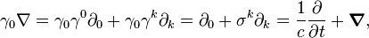 \gamma_0 \nabla = \gamma_0\gamma^0 \partial_0 + \gamma_0\gamma^k\partial_k = \partial_0 + \sigma^k\partial_k = \frac{1}{c}\dfrac{\partial }{\partial t} + \boldsymbol{\nabla},