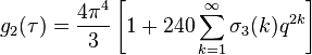 g_2(\tau)=\frac{4\pi^4}{3} \left[ 1+ 240\sum_{k=1}^\infty \sigma_3(k) q^{2k} \right] 