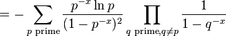 = -\sum_{p \text{ prime}} \frac{p^{-x} \ln p}{(1-p^{-x})^2}\prod_{q \text{ prime}, q \neq p} \frac{1}{1-q^{-x}} \!