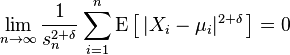 \lim_{n\to\infty} \frac{1}{s_{n}^{2+\delta}} \sum_{i=1}^{n} \operatorname{E}\big[\,|X_{i} - \mu_{i}|^{2+\delta}\,\big] = 0