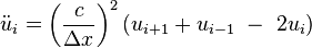 \ddot u_i={\left(\frac{c}{\Delta x} \right)}^2 \left(u_{i+1} + u_{i-1}\ -\ 2u_i\right)