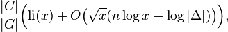 \frac{|C|}{|G|}\Bigl(\mathrm{li}(x)+O\bigl(\sqrt x(n\log x+\log|\Delta|)\bigr)\Bigr),