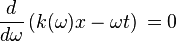 \frac{d}{d\omega}\mathopen{}\left(k(\omega) x - \omega t\right)\mathclose{} = 0