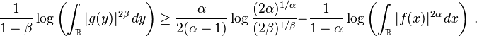 \frac {1}{1-\beta} \log\left(\int_{\mathbb R} |g(y)|^{2\beta}\,dy\right)
       \ge \frac\alpha{2(\alpha-1)}\log\frac{(2\alpha)^{1/\alpha}}{(2\beta)^{1/\beta}}
       - \frac{1}{1-\alpha} \log \left(\int_{\mathbb R} |f(x)|^{2\alpha}\,dx\right) ~.
