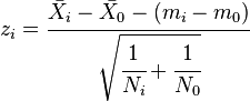 z_{i}= 
\cfrac{\bar{X_{i}}-\bar{X_{0}}-(m_{i}-m_{0})}{\sqrt{
\cfrac{1}{N_{i}}+
\cfrac{1}{N_{0}}}}