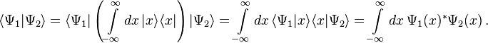  \langle \Psi_1 | \Psi_2 \rangle = \langle \Psi_1 |\left(\int\limits_{-\infty}^{\infty} d x \, | x \rangle \langle x | \right)| \Psi_2 \rangle = \int\limits_{-\infty}^{\infty} d x \, \langle \Psi_1 | x \rangle \langle x | \Psi_2 \rangle = \int\limits _{-\infty}^{\infty} d x \, \Psi_1(x)^{*} \Psi_2(x) \,.