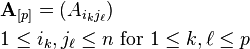 \begin{align}
& \bold{A}_{[p]} = (A_{i_kj_\ell})\\
& {1 \leq i_k, j_\ell \leq n \text{ for  }1 \leq k, \ell \leq p}
\end{align}