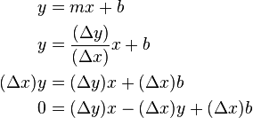 
\begin{align}
y & = mx + b \\
y & = \frac{(\Delta y)}{(\Delta x)} x + b \\
(\Delta x) y & = (\Delta y) x + (\Delta x) b \\
0 & = (\Delta y) x - (\Delta x) y + (\Delta x) b
\end{align}
