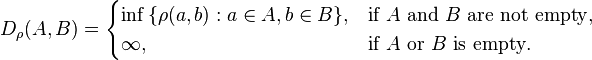 D_{\rho}(A,B) =\begin{cases}
\inf{\{\rho(a,b): a\in A, b\in B\}}, &\text{if }A\text{ and }B\text{ are not empty},\\ 
\infty, &\text{if }A\text{ or }B\text{ is empty}. 
\end{cases} 