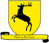 A coat of arms showing a black stag on a yellow field.