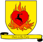 A coat of arms showing a crowned black stag in a red heart engulfed in orange flames on a field of yellow.