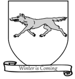 A coat of arms showing a gray wolf on a white field.