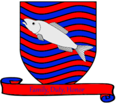 A coat of arms showing a silver fish on field of rippling red and blue