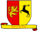 A coat of arms showing a gold on red lion and a black on gold crowned stag combatant.